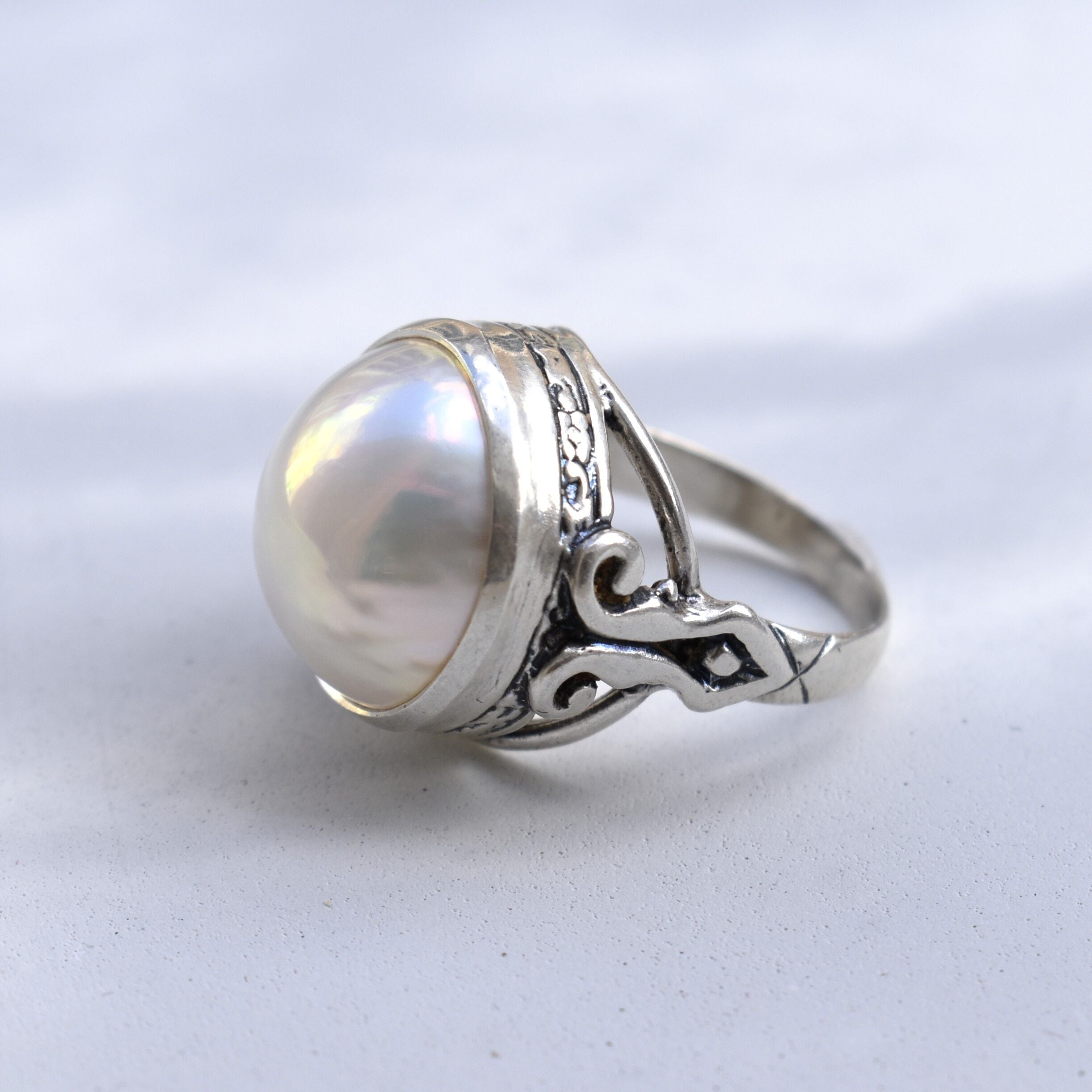 Elegant Natural Mabe Pearl Ring crafted in 925 Sterling Silver, perfect for everyday use and unique birthday gifts.