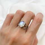 Rainbow Moonstone Ring, Leaf Ring, Vintage Ring, June Birthstone, Natural Moonstone Ring, Flower Ring, Silver Branch Ring, Solid Silver Ring