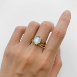 Gold Moonstone Ring - Rainbow Moonstone Ring, Gold Leaf Ring