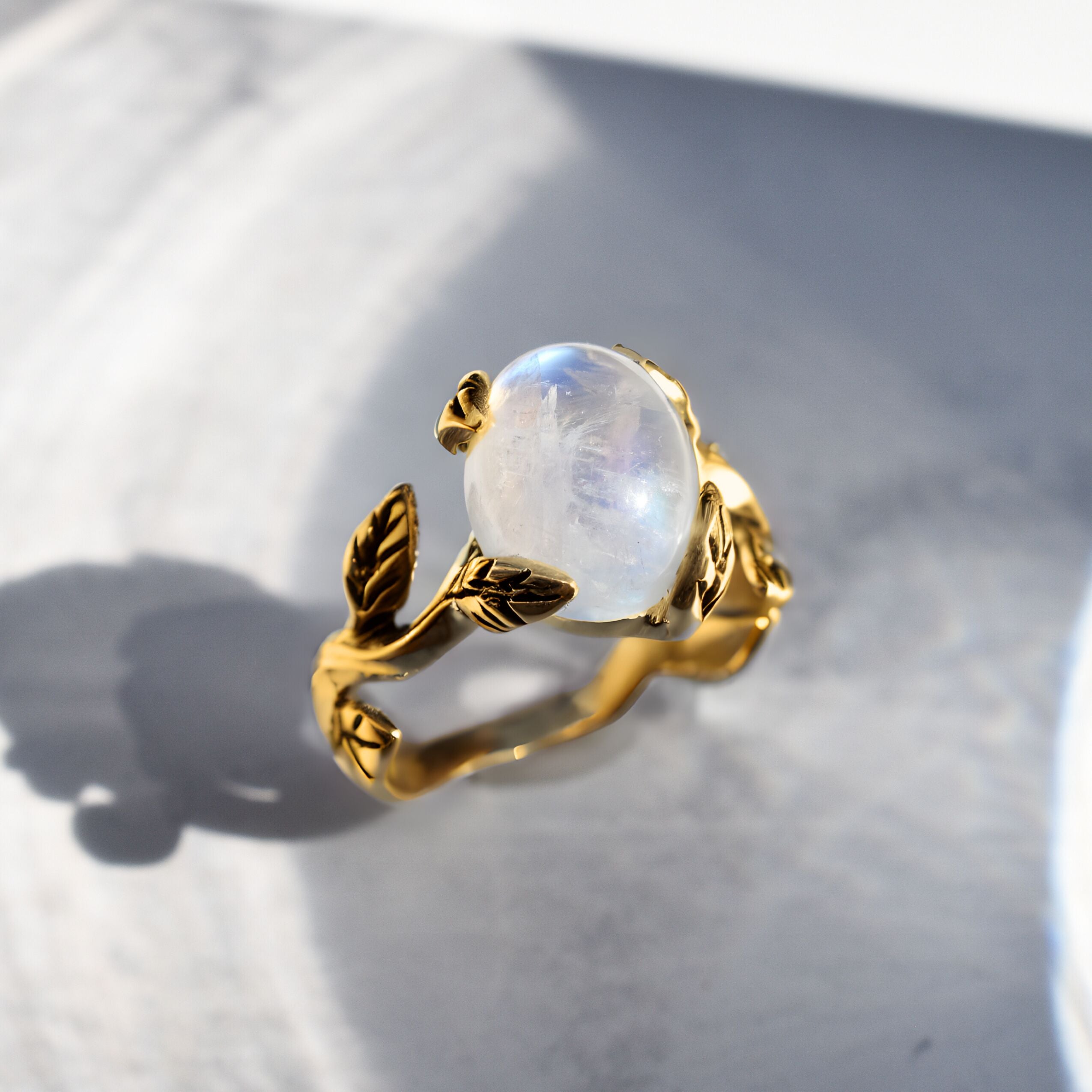 Rainbow Moonstone Ring, Leaf Ring, Vintage Ring, June Birthstone, Natural Moonstone Ring, Flower Ring, Silver Branch Ring, Solid Silver Ring(1)