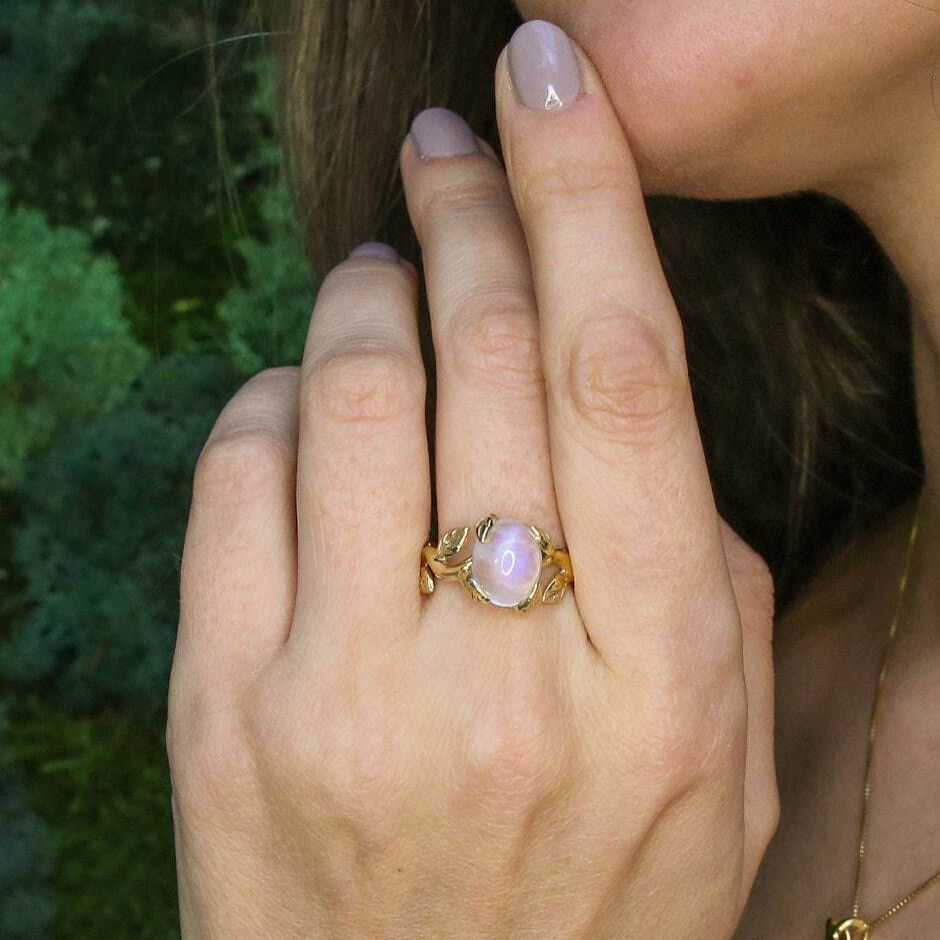 Rainbow Moonstone Ring, Leaf Ring, Vintage Ring, June Birthstone, Natural Moonstone Ring, Flower Ring, Silver Branch Ring, Solid Silver Ring(1)