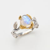 Gold Moonstone Ring - Rainbow Moonstone Ring, Gold Leaf Ring