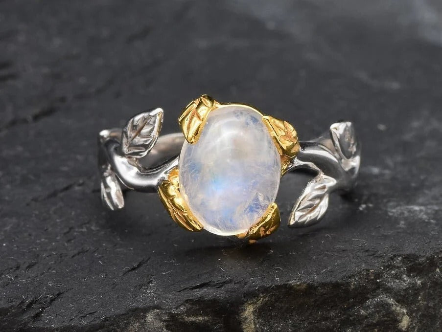 Rainbow Moonstone Ring, Leaf Ring, Vintage Ring, June Birthstone, Natural Moonstone Ring, Flower Ring, Silver Branch Ring, Solid Silver Ring(2)