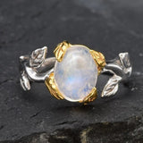 Gold Moonstone Ring - Rainbow Moonstone Ring, Gold Leaf Ring