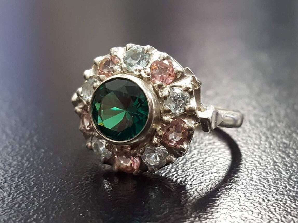 Created Emerald Ring made in 925 Sterling Silver with Round Created Green Emerald in Halo setting, May Birthstone gift idea, symbolizes, ideal for everyday wear and perfect for birthday gifting and special occasions.