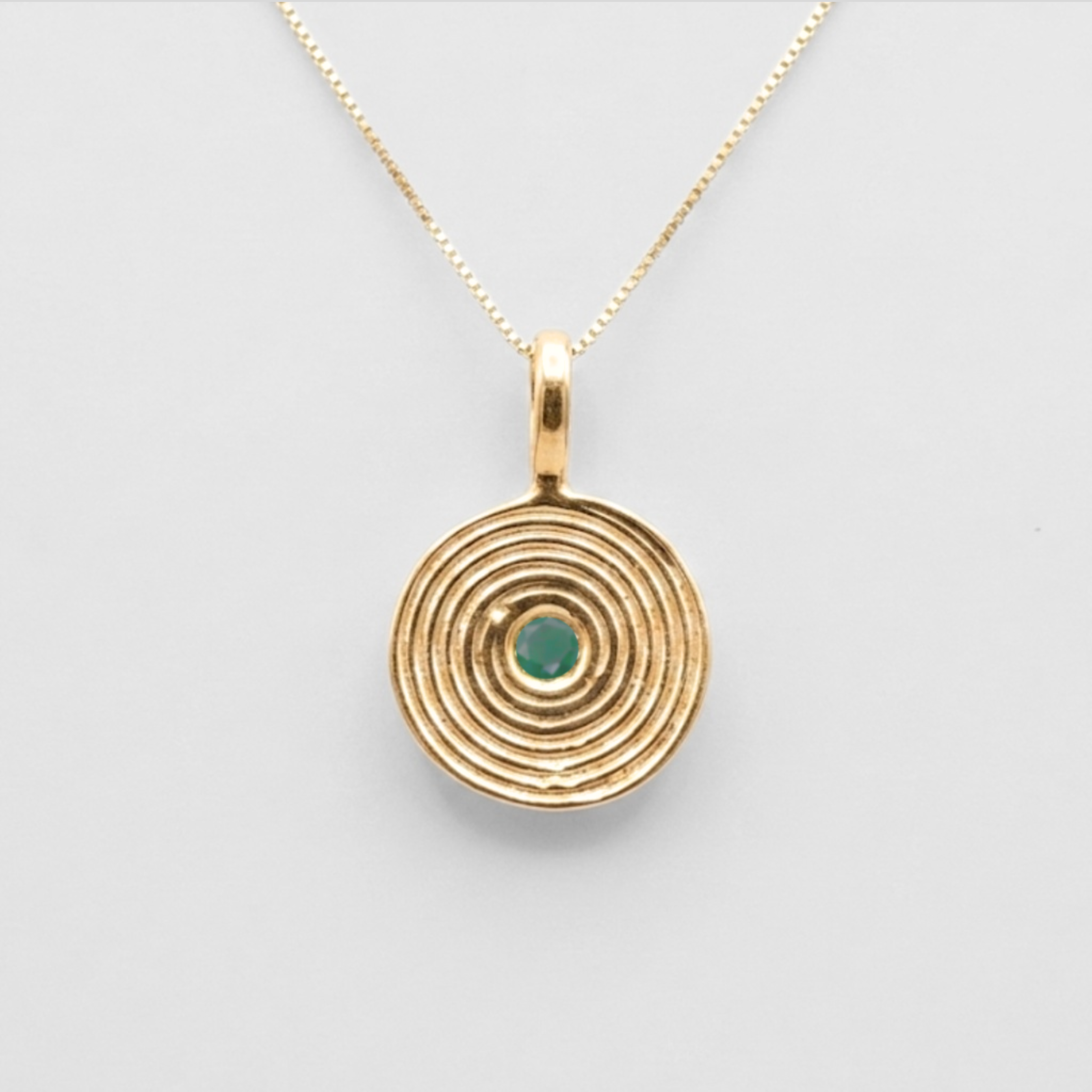 18k gold vermeil necklace with round natural emerald in bezel, May birthstone for growth and emotional healing