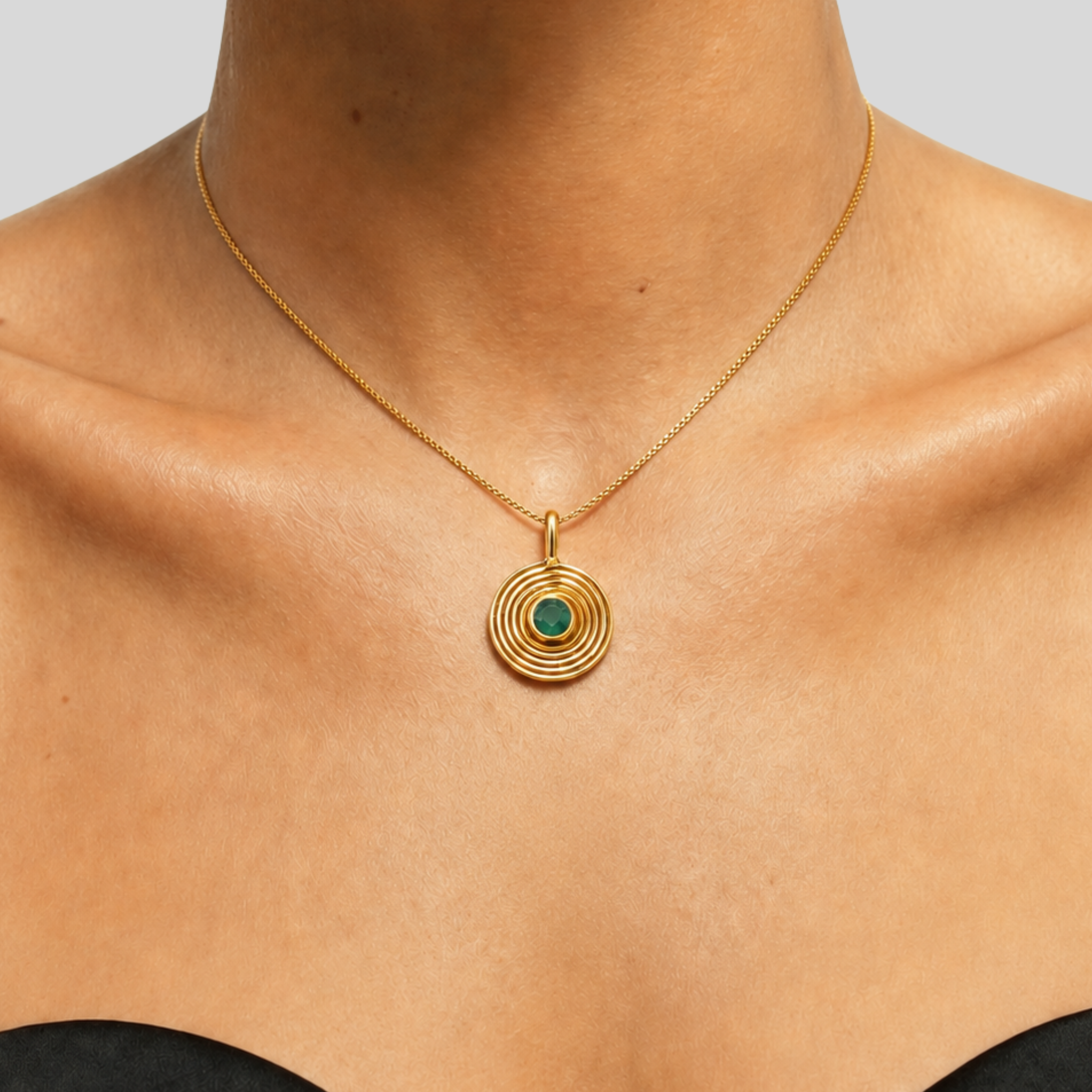 18k gold vermeil pendant with round natural green emerald in bezel, May birthstone — elegant everyday gift