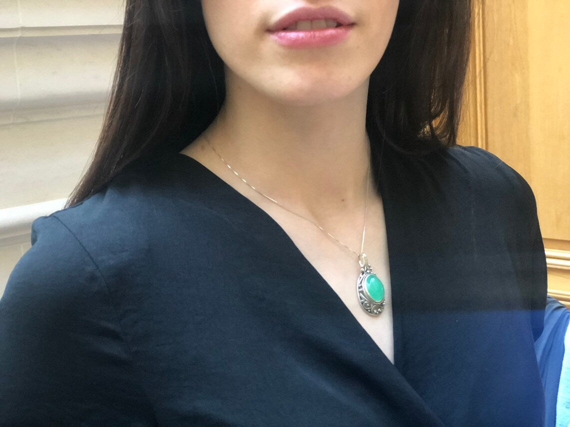 Antique Pendant, Natural Chrysoprase, Green Vintage Pendant, Chrysoprase Pendant, May Birthstone, Bright Pendant, Solid Silver Pendant