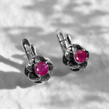 Genuine Ruby Earrings - Gold Flower Earrings, July Birthstone Earrings