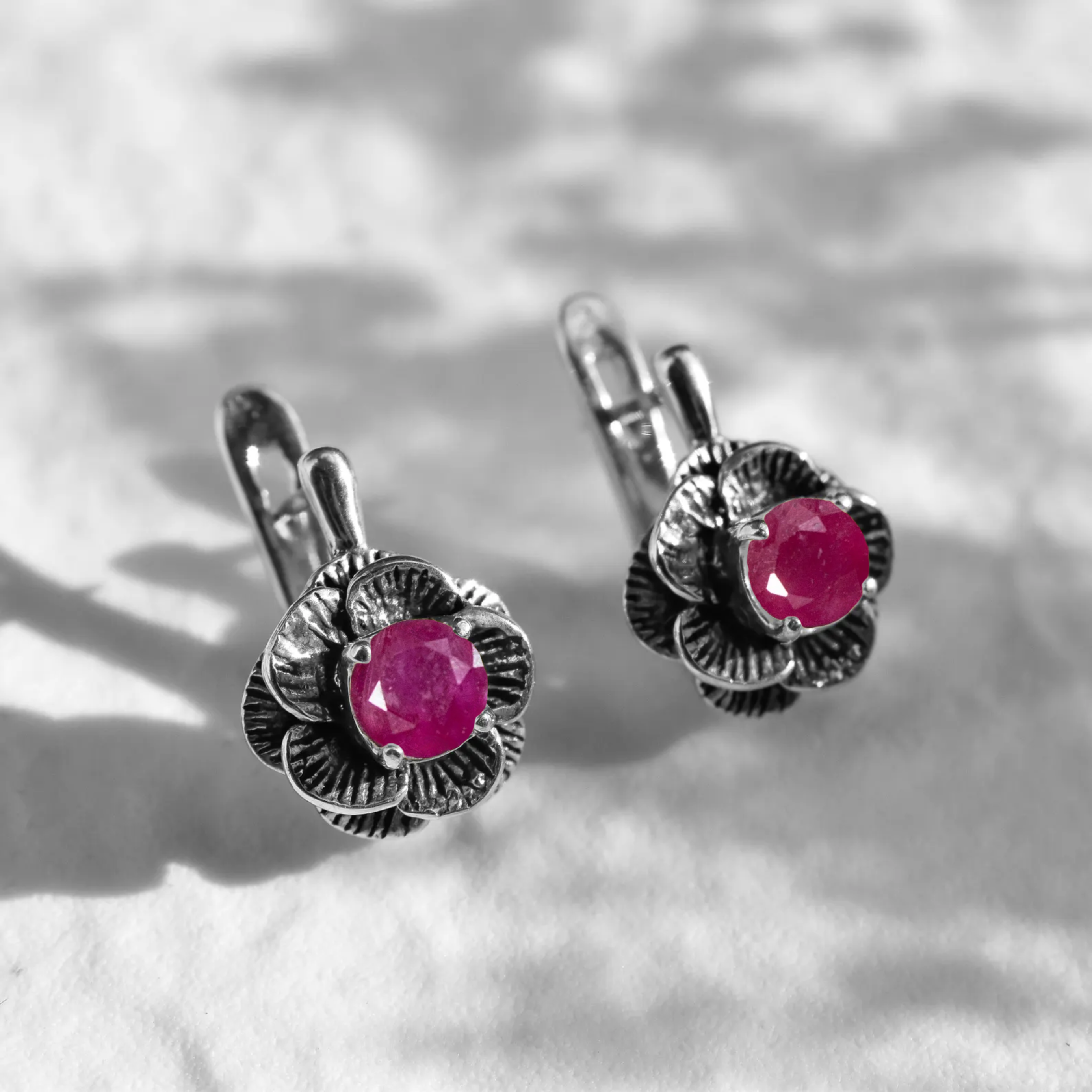 Genuine Ruby Earrings - Gold Flower Earrings, July Birthstone Earrings