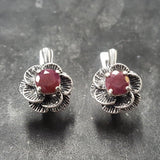 Genuine Ruby Earrings - Red Flower Earrings - Vintage Rose Studs