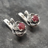 Genuine Ruby Earrings - Red Flower Earrings - Vintage Rose Studs