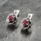 Genuine Ruby Earrings - Red Flower Earrings - Vintage Rose Studs