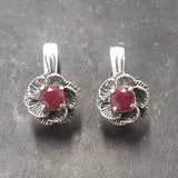 Genuine Ruby Earrings - Red Flower Earrings - Vintage Rose Studs