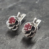 Genuine Ruby Earrings - Red Flower Earrings - Vintage Rose Studs