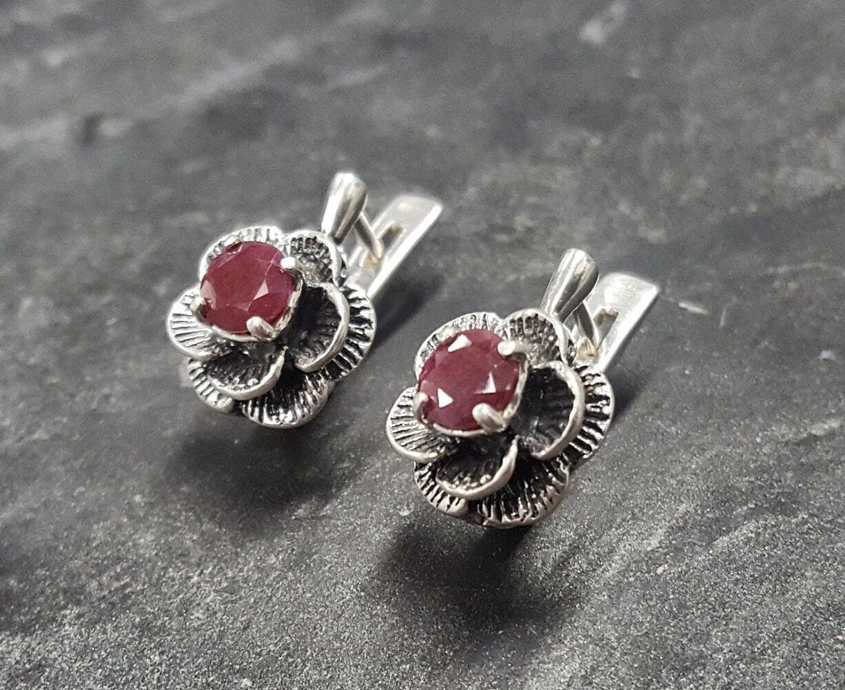 Genuine Ruby Earrings - Red Flower Earrings - Vintage Rose Studs