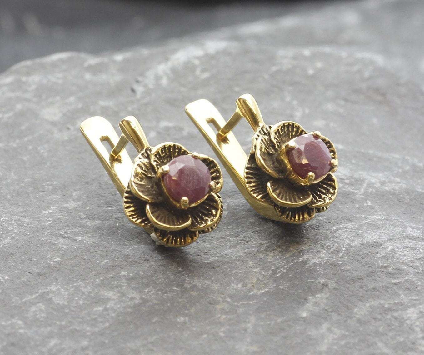 Natural Ruby Earrings made in 18k Gold Vermeil with Round Natural Red Ruby in Prong setting, July Birthstone gift idea, symbolizes nobility, purity, and passion, ideal for everyday wear and perfect for birthday gifting and special occasions.