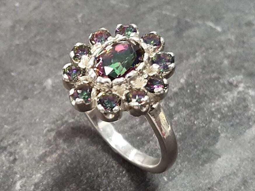 Flower Ring, Mystic Topaz Ring, Natural Mystic Topaz, December Ring, Purple Flower Ring, Vintage Flower Ring, Topaz Ring, Solid Silver Ring