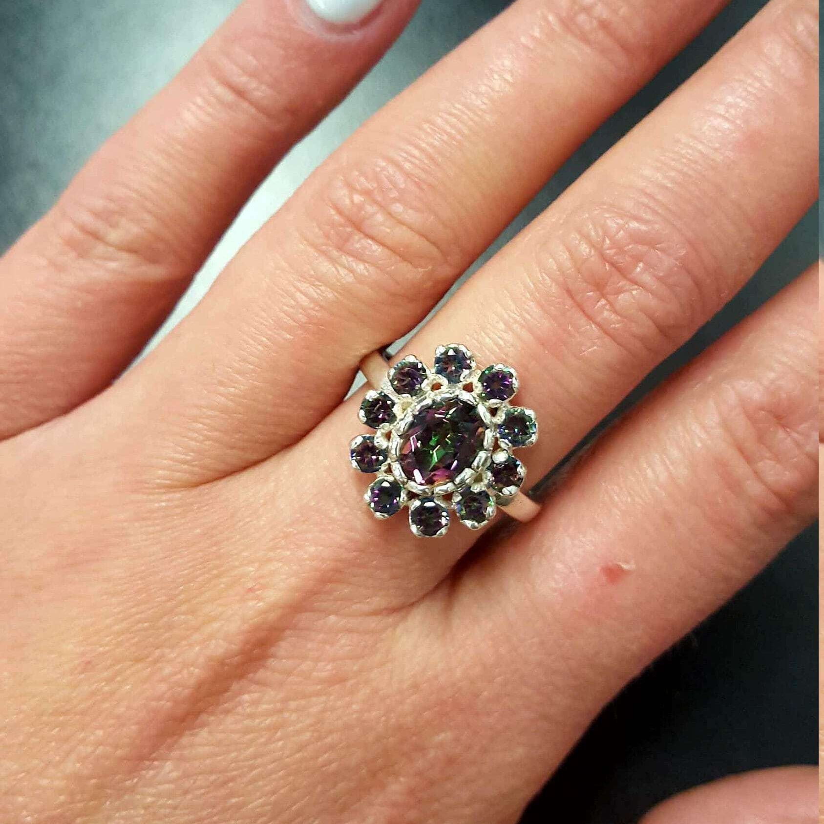 Flower Ring, Mystic Topaz Ring, Natural Mystic Topaz, December Ring, Purple Flower Ring, Vintage Flower Ring, Topaz Ring, Solid Silver Ring