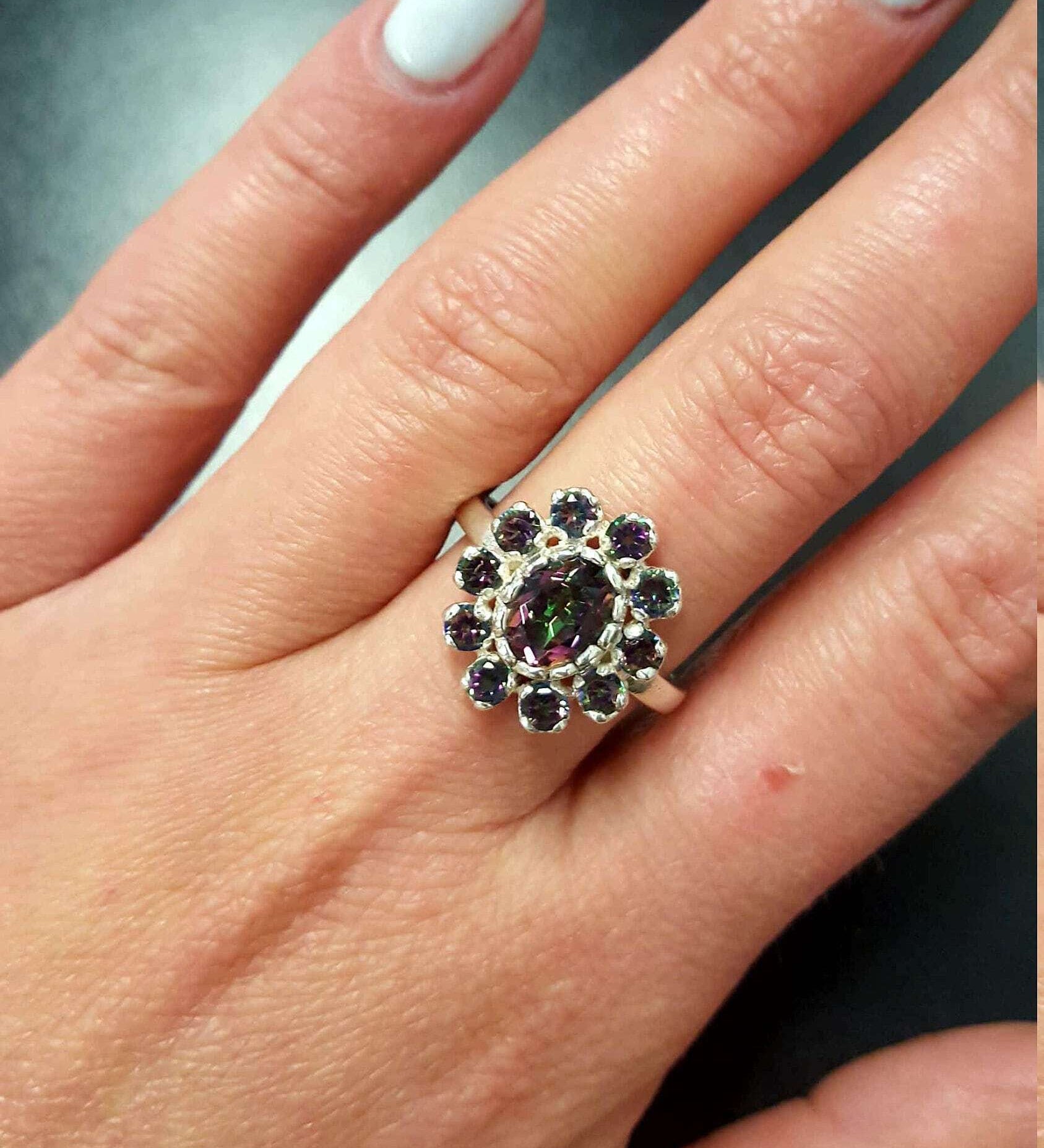 Flower Ring, Mystic Topaz Ring, Natural Mystic Topaz, December Ring, Purple Flower Ring, Vintage Flower Ring, Topaz Ring, Solid Silver Ring