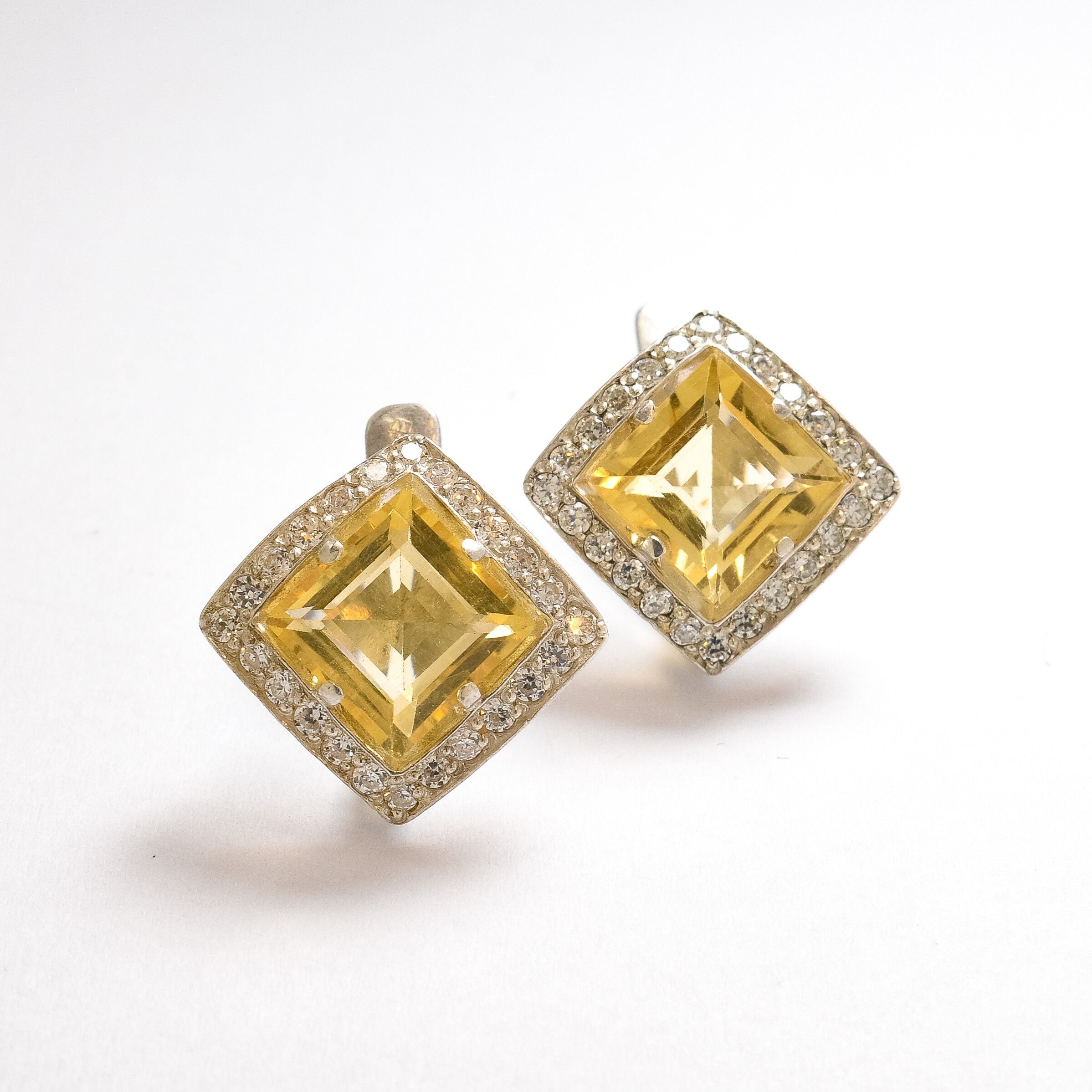 Vintage Citrine Earrings - Yellow Diamond Earrings - Princess Cut Earrings