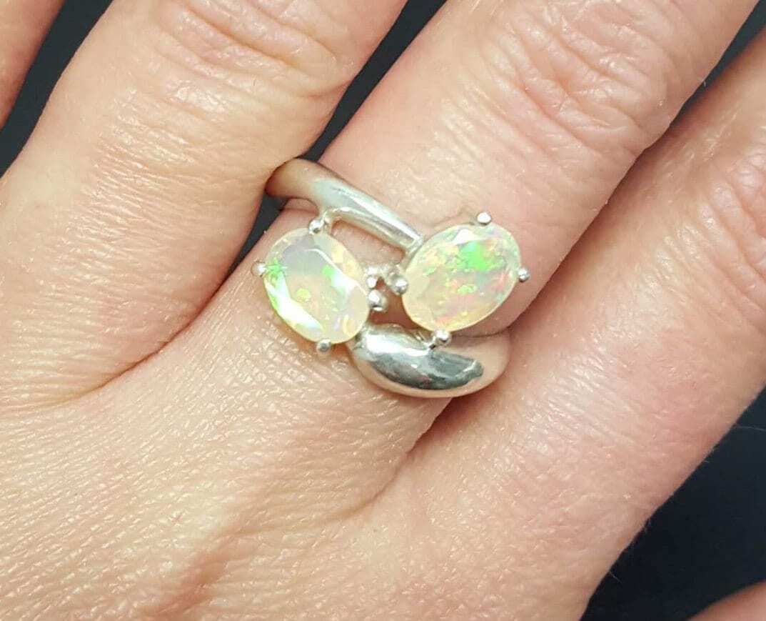 Opal Ring, Natural Opal Ring, October Birthstone, Bypass Ring, Fire Opal Ring, Two Stone Ring, October Ring, 925 Silver Ring, Ethiopian Opal