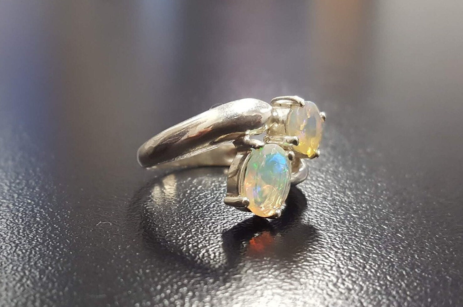 Opal Ring, Natural Opal Ring, October Birthstone, Bypass Ring, Fire Opal Ring, Two Stone Ring, October Ring, 925 Silver Ring, Ethiopian Opal