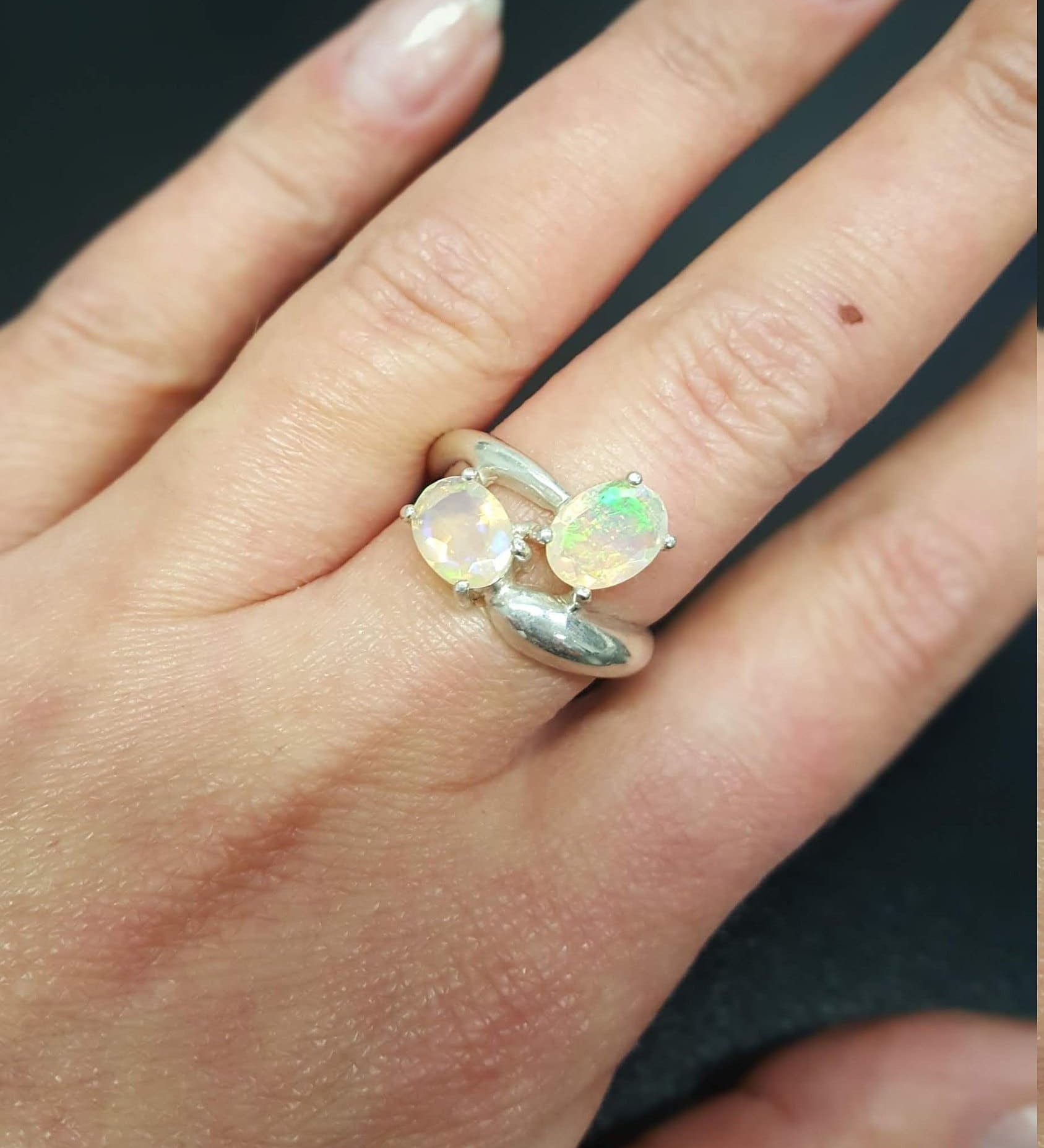Opal Ring, Natural Opal Ring, October Birthstone, Bypass Ring, Fire Opal Ring, Two Stone Ring, October Ring, 925 Silver Ring, Ethiopian Opal