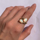 Gold Fire Opal Ring - Two Stone Opal Ring - October Birthstone Bypass Ring