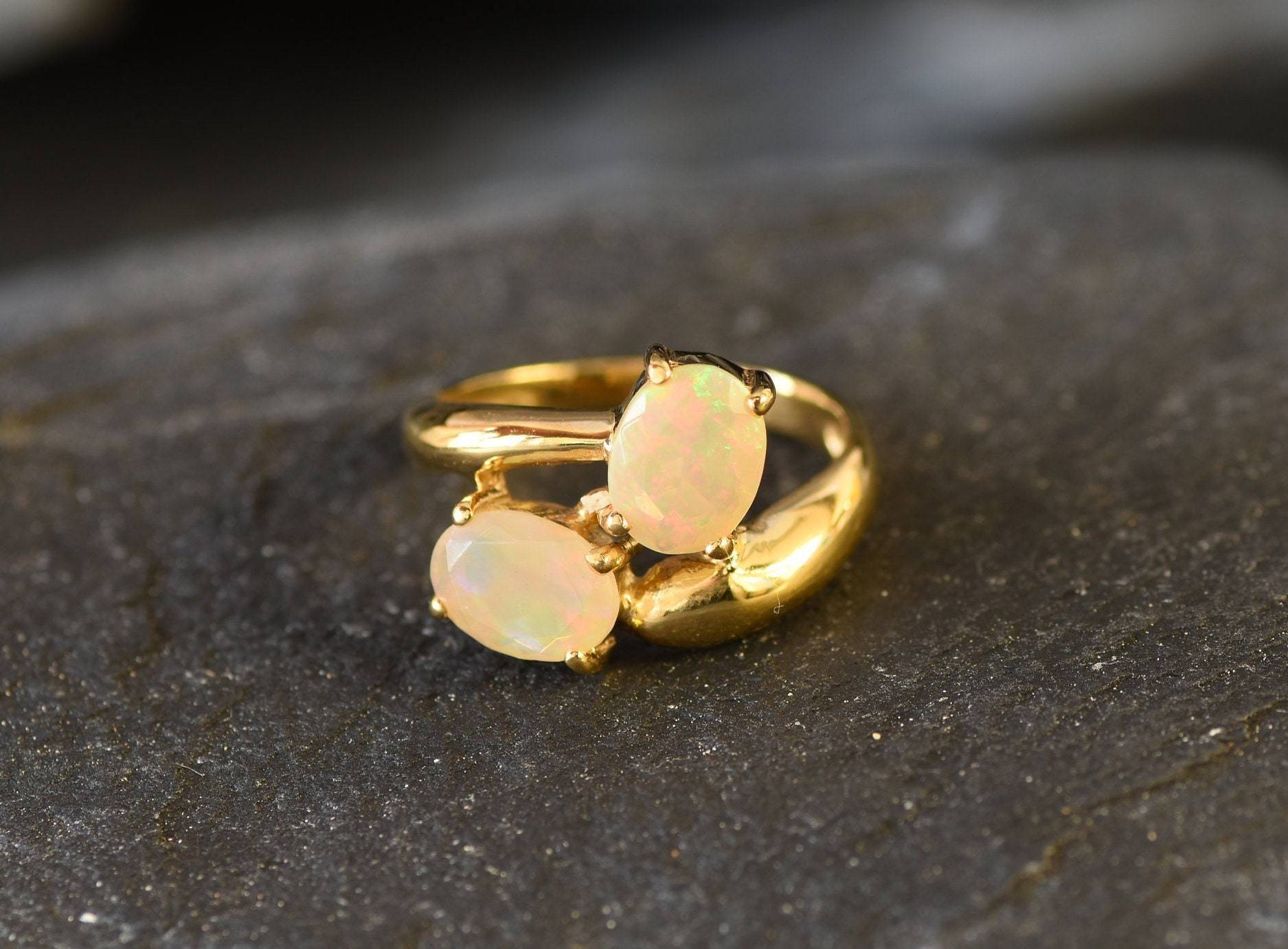 Opal Ring, Natural Opal Ring, October Birthstone, Bypass Ring, Fire Opal Ring, Two Stone Ring, October Ring, 925 Silver Ring, Ethiopian Opal(1)