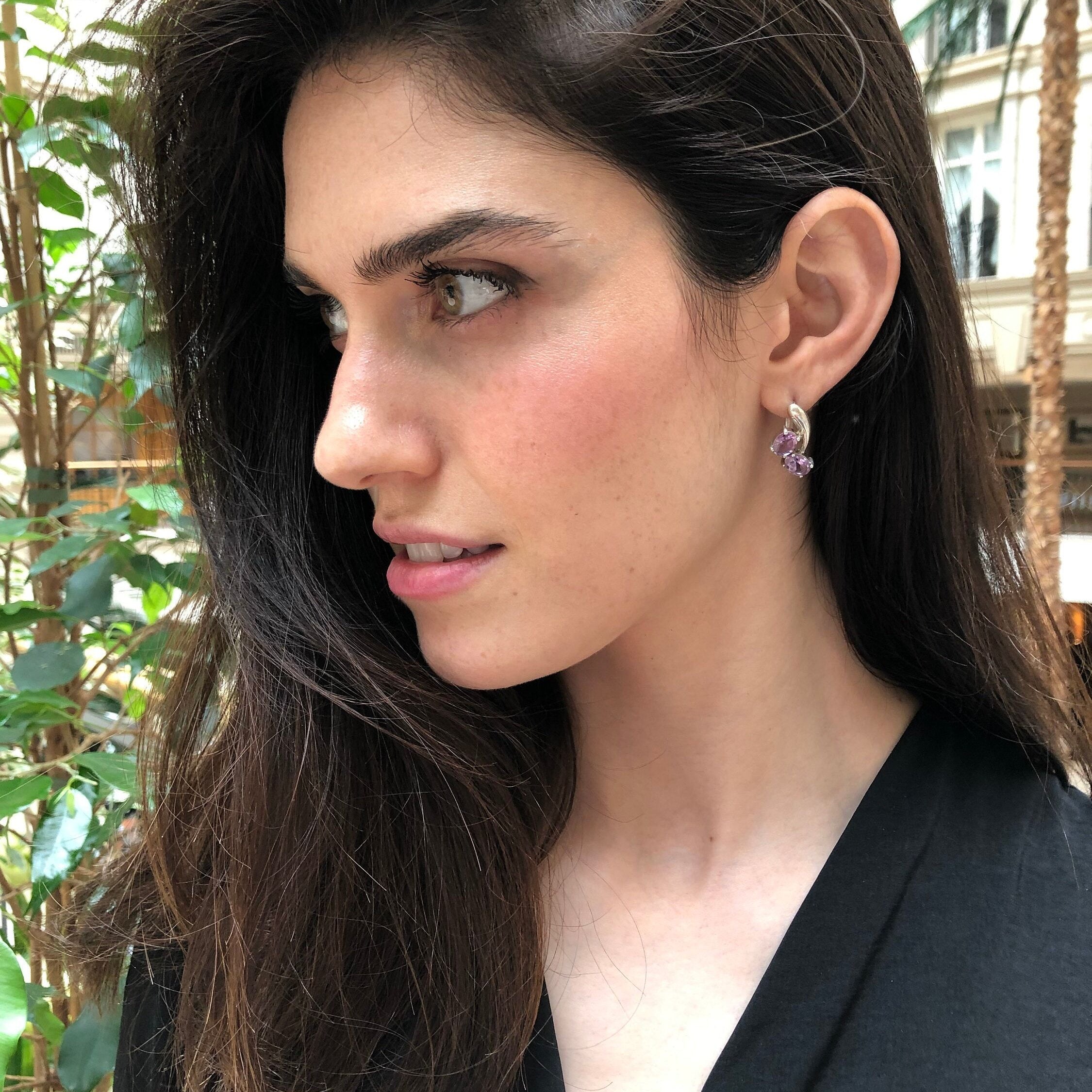 Amethyst Earrings, Natural Amethyst, February Birthstone, Asymmetric Earrings, Vintage Earrings, Two Stone Earrings, Solid Silver Earrings