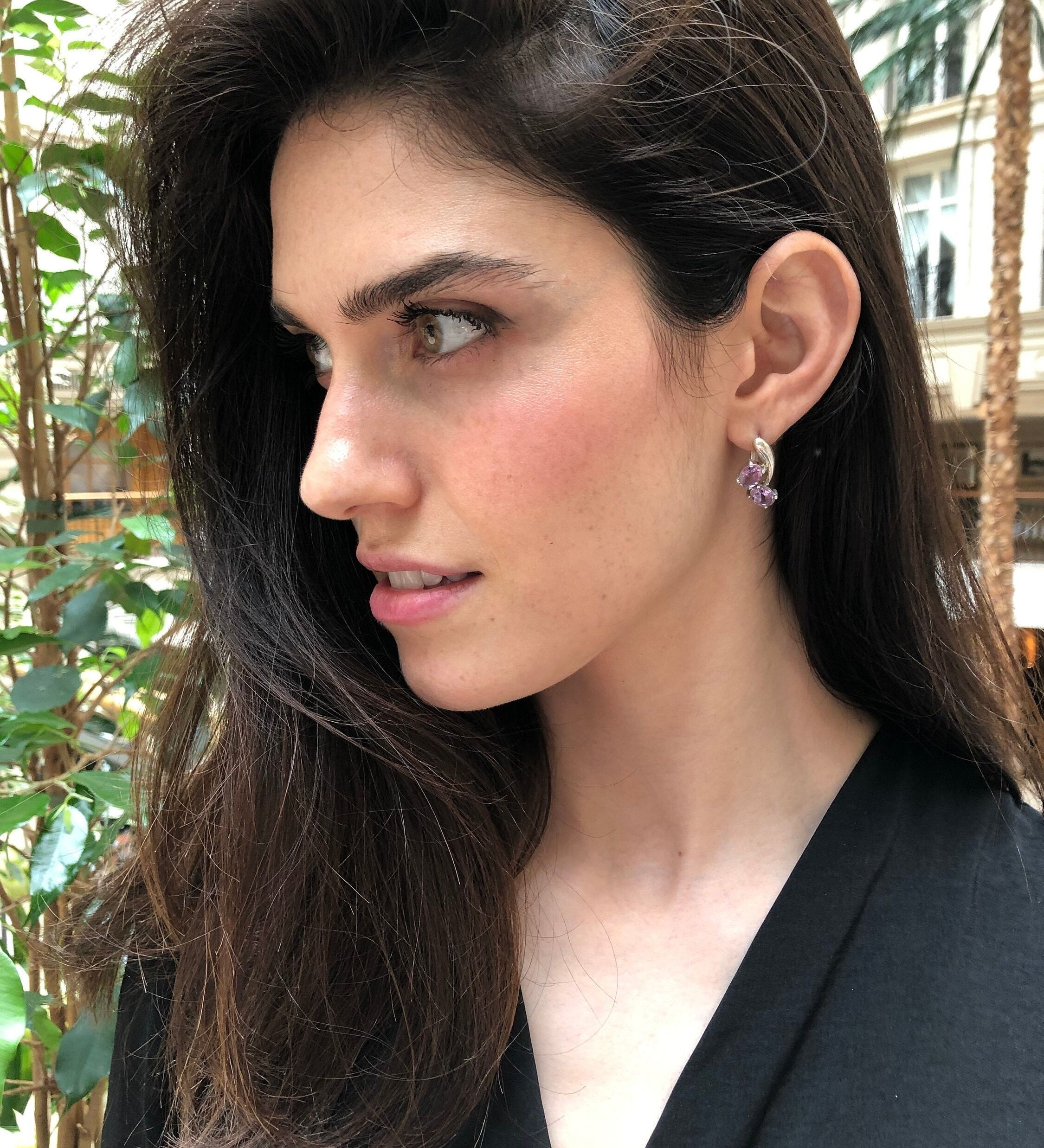 Amethyst Earrings, Natural Amethyst, February Birthstone, Asymmetric Earrings, Vintage Earrings, Two Stone Earrings, Solid Silver Earrings
