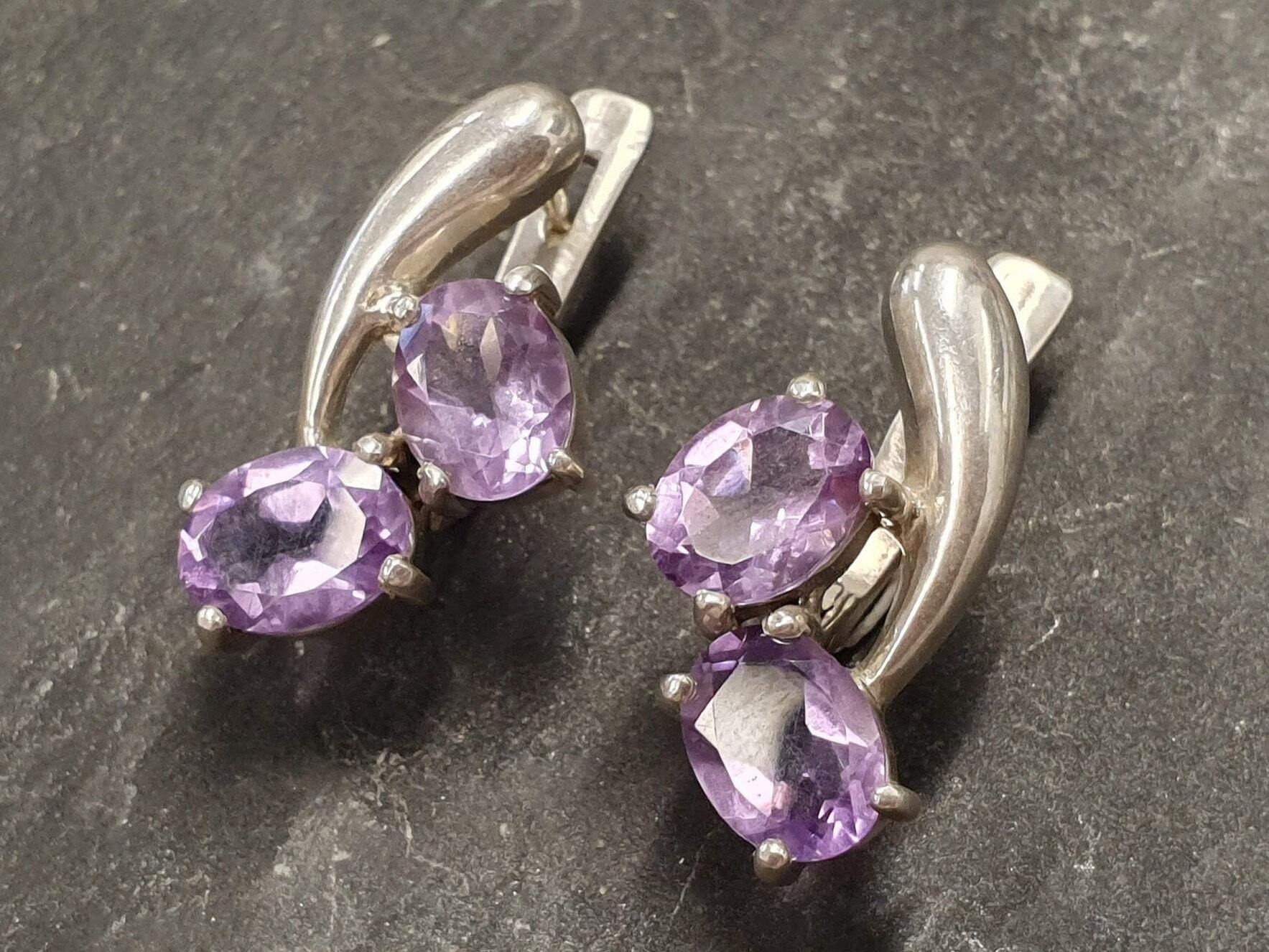 Amethyst Earrings, Natural Amethyst, February Birthstone, Asymmetric Earrings, Vintage Earrings, Two Stone Earrings, Solid Silver Earrings