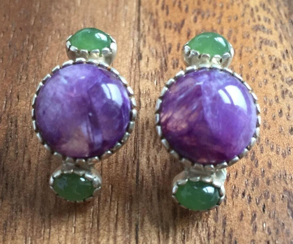 Charoite Earrings, Natural Charoite, Bohemian Earrings, Natural Nephrite, Jade Earrings, Purple Earrings, Sterling Silver Earrings, Charoite