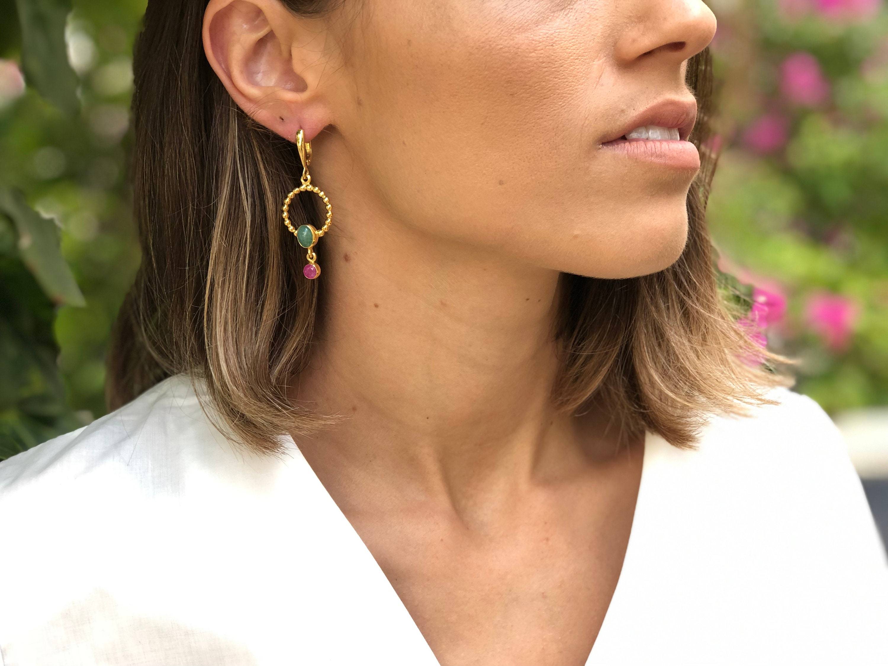 Elegant 18k Gold Vermeil earrings featuring Oval Natural Green Emerald, perfect for everyday wear and special occasions.