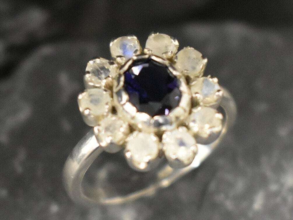 Iolite Ring, Natural Iolite, Victorian Ring, Moonstone Ring, Oval Ring, Statement Ring, Purple Flower Ring, Vintage Ring, Solid Silver Ring