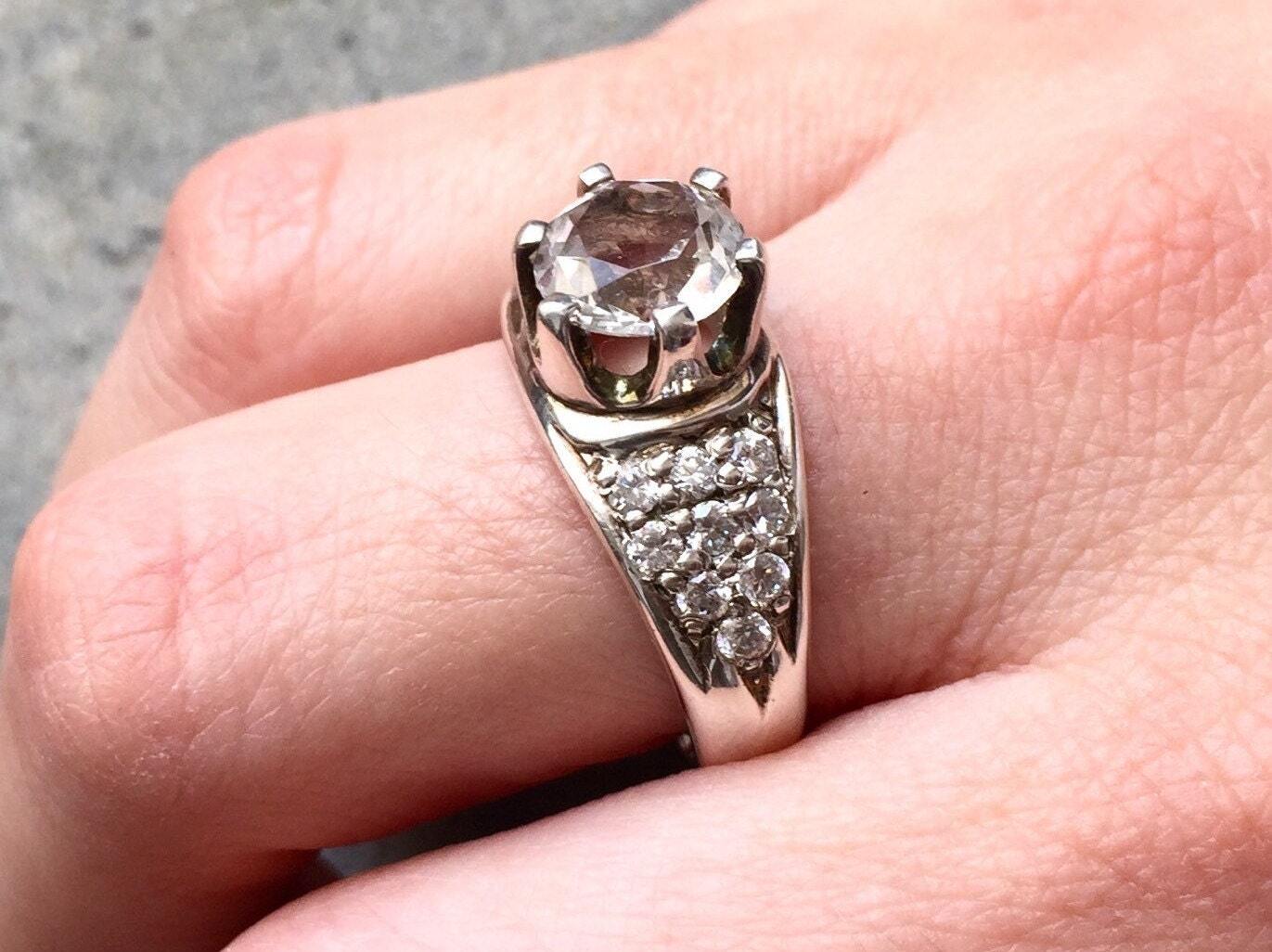 Diamond Ring, Created Diamond, Engagement Ring, Edwardian Ring, Antique Ring design, Statement Ring, Wide Sparkly Band, Sterling Silver Ring