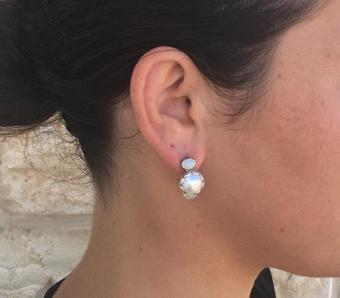 Black Pearl Earrings, Natural Pearl, Natural Opal Earrings, Large Studs, Boho Earrings, June and October Birthstone, Silver Vintage Earrings