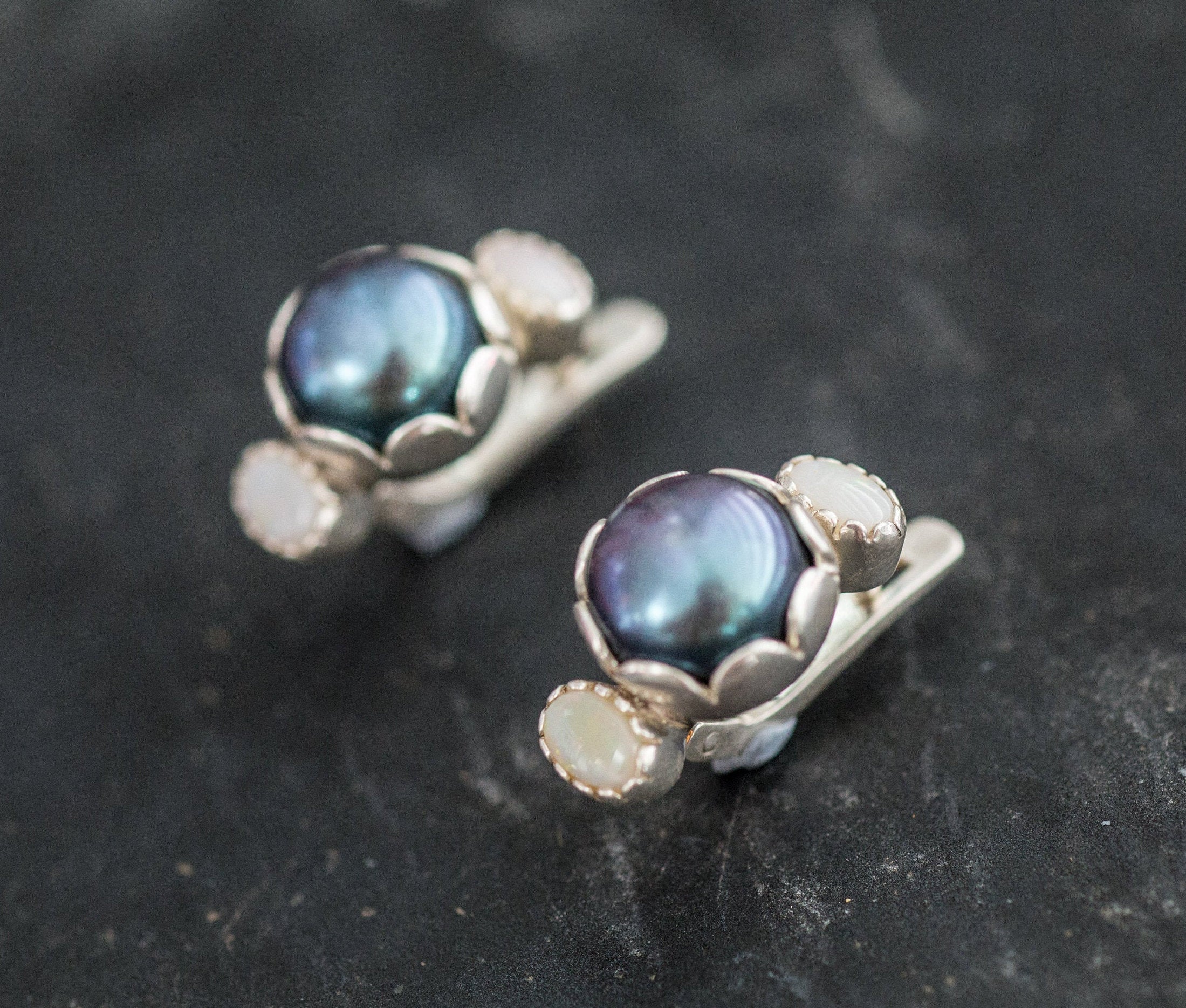 Black Pearl Earrings, Natural Pearl, Natural Opal Earrings, Large Studs, Boho Earrings, June and October Birthstone, Silver Vintage Earrings