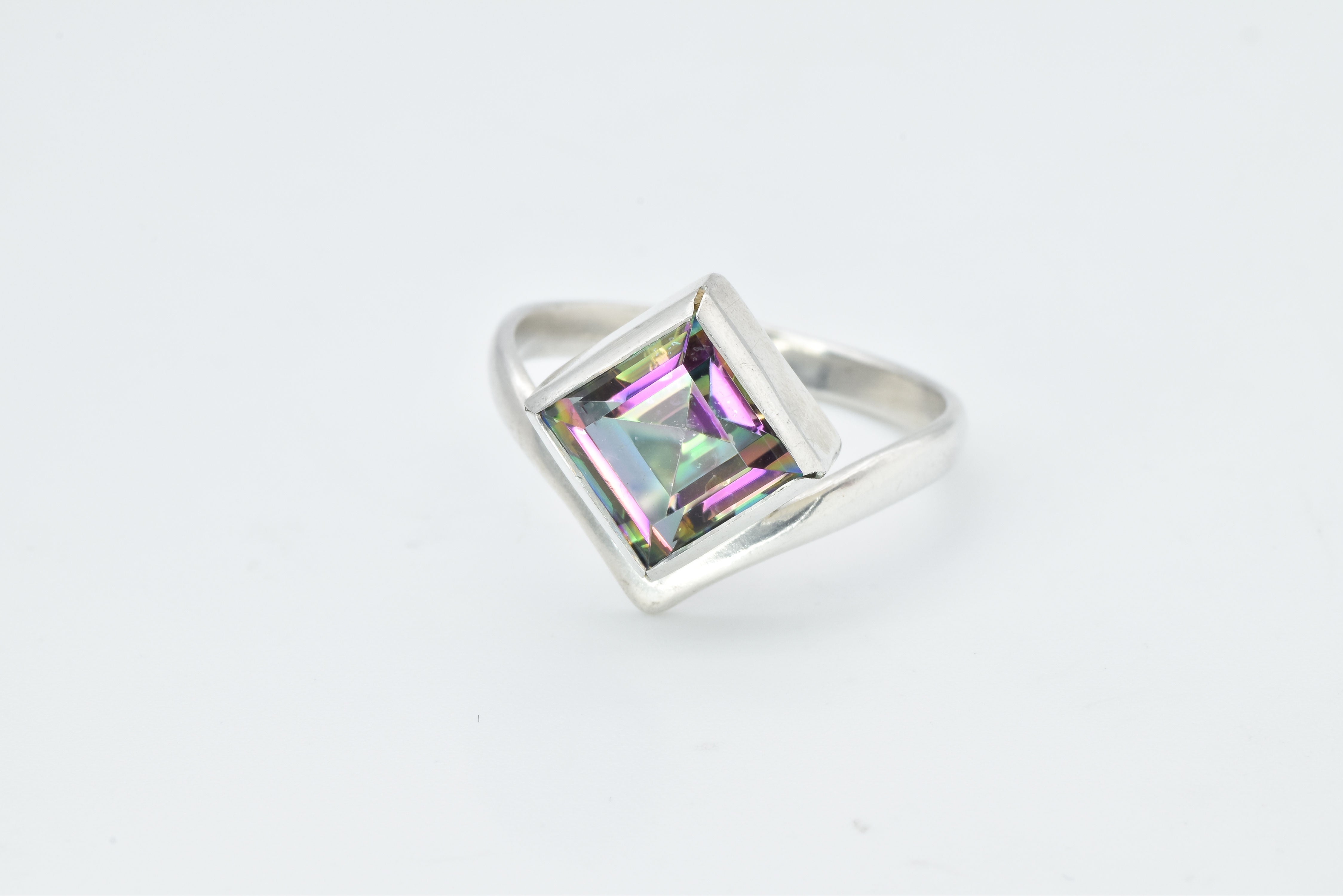 Mystic Topaz Ring, Natural Mystic Topaz, December Ring, Silver Square Ring, Topaz Ring, Purple Diamond Ring, Vintage Ring, Solid Silver Ring