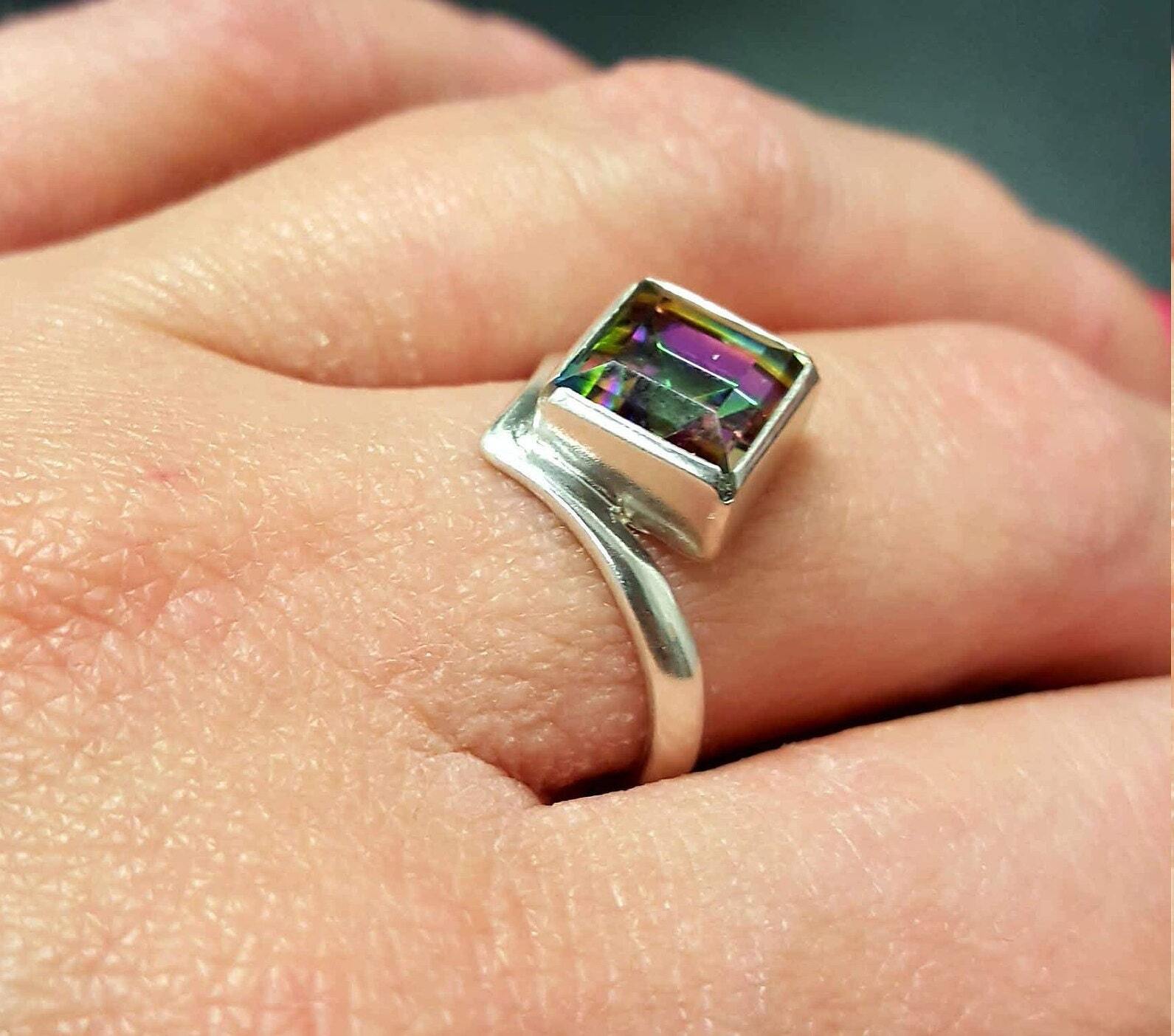 Mystic Topaz Ring, Natural Mystic Topaz, December Ring, Silver Square Ring, Topaz Ring, Purple Diamond Ring, Vintage Ring, Solid Silver Ring
