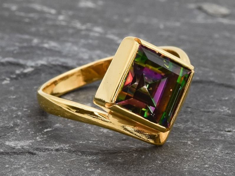 Mystic Topaz Ring, Natural Mystic Topaz, December Ring, Silver Square Ring, Topaz Ring, Purple Diamond Ring, Vintage Ring, Solid Silver Ring(1)