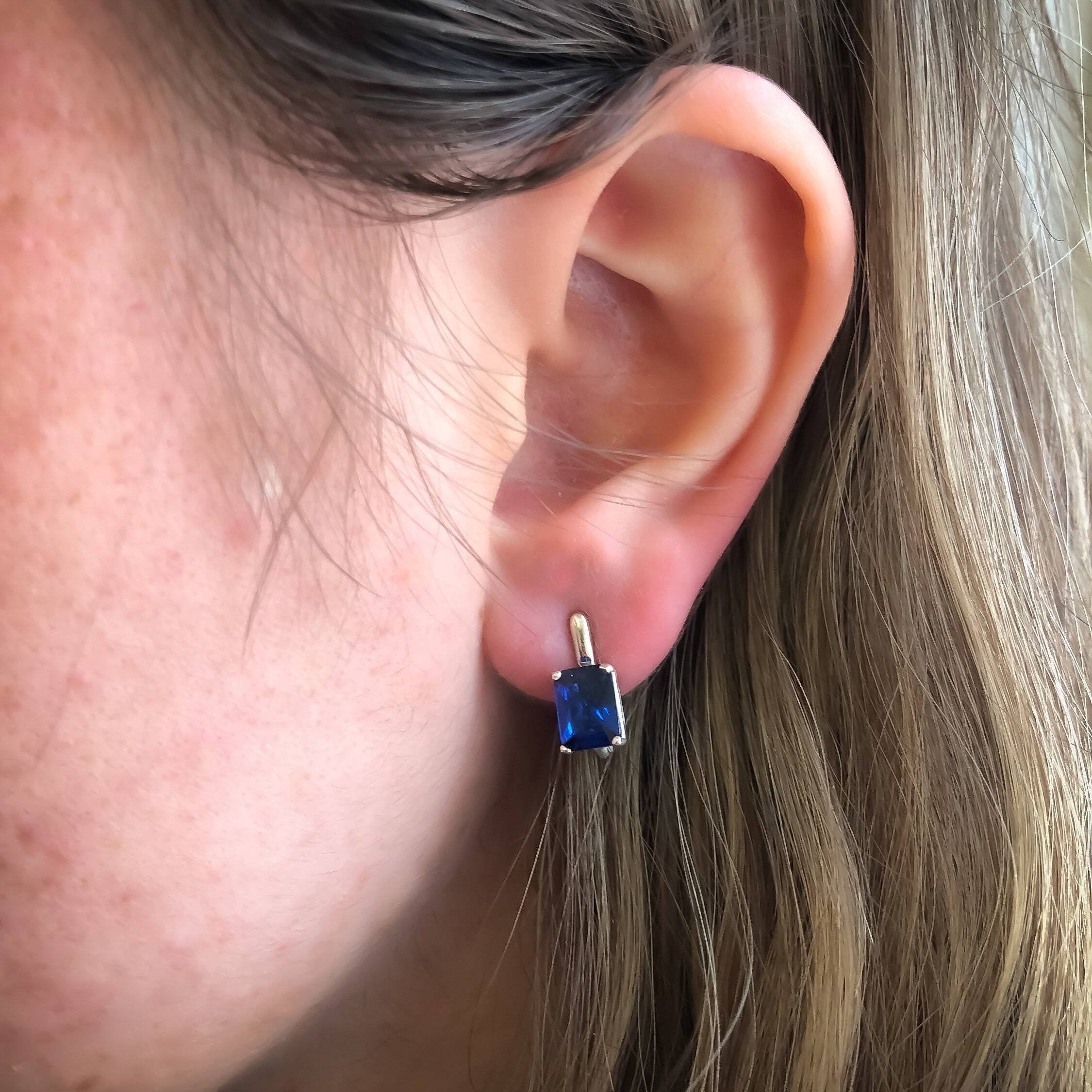 Sapphire Earrings in 925 Sterling Silver, featuring baguette blue sapphires, perfect for birthdays and everyday elegance.