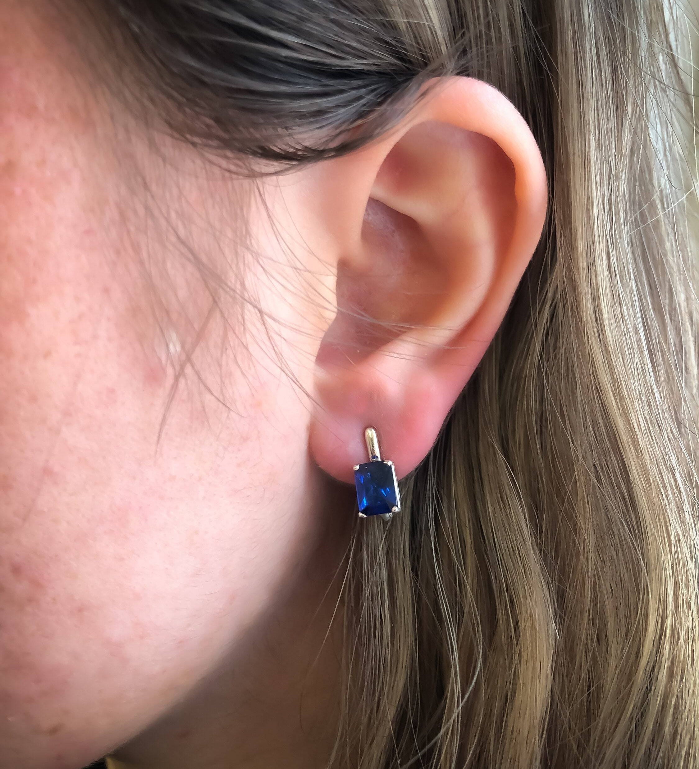 Sapphire Earrings in 925 Sterling Silver, featuring baguette blue sapphires, perfect for birthdays and everyday elegance.