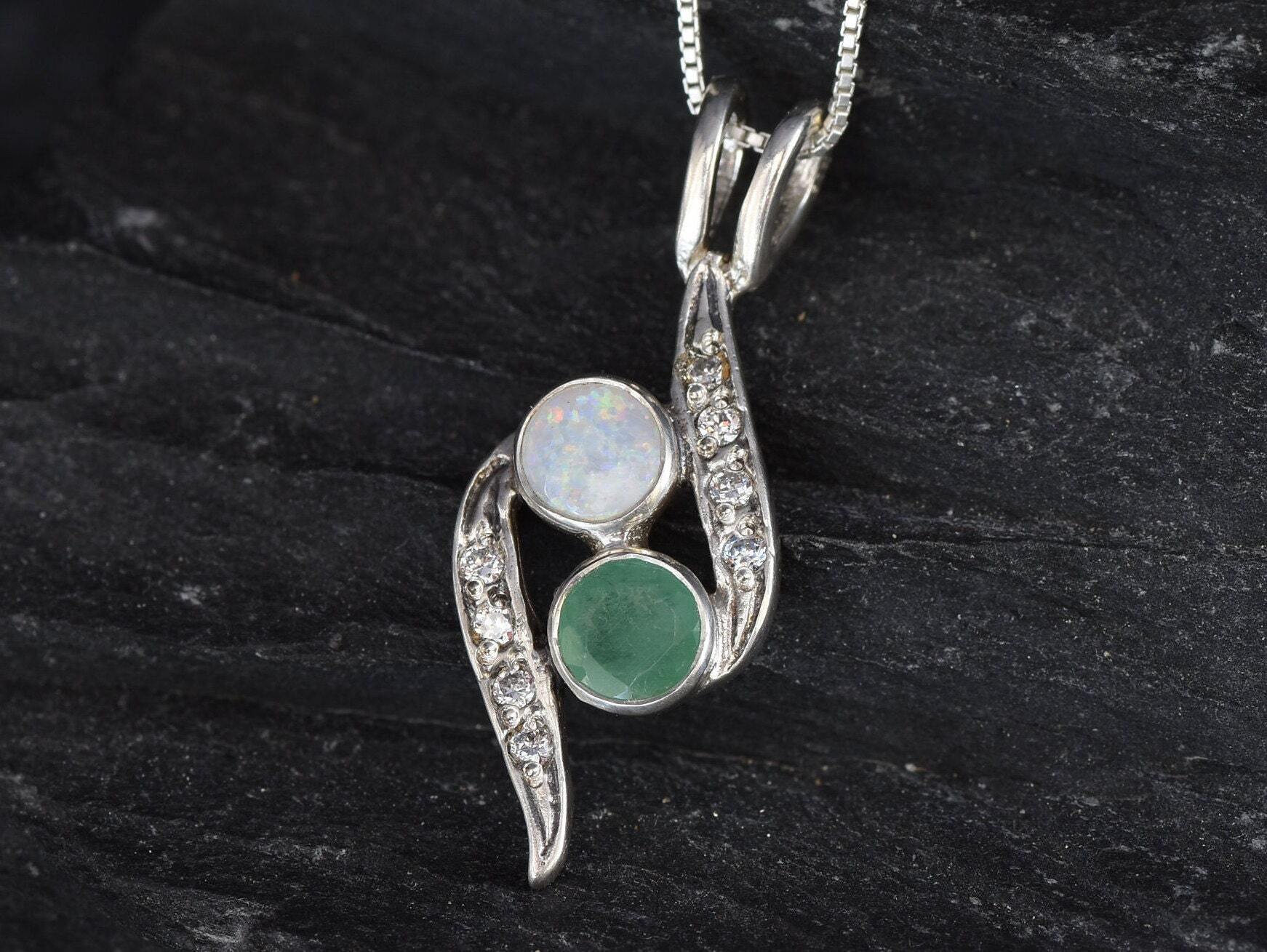 Opal Emerald Pendant, Natural Emerald, Natural Opal, Vintage Necklace, Two Stone Pendant, Bypass Pendant, Yin Yang Pendant, Sterling Silver