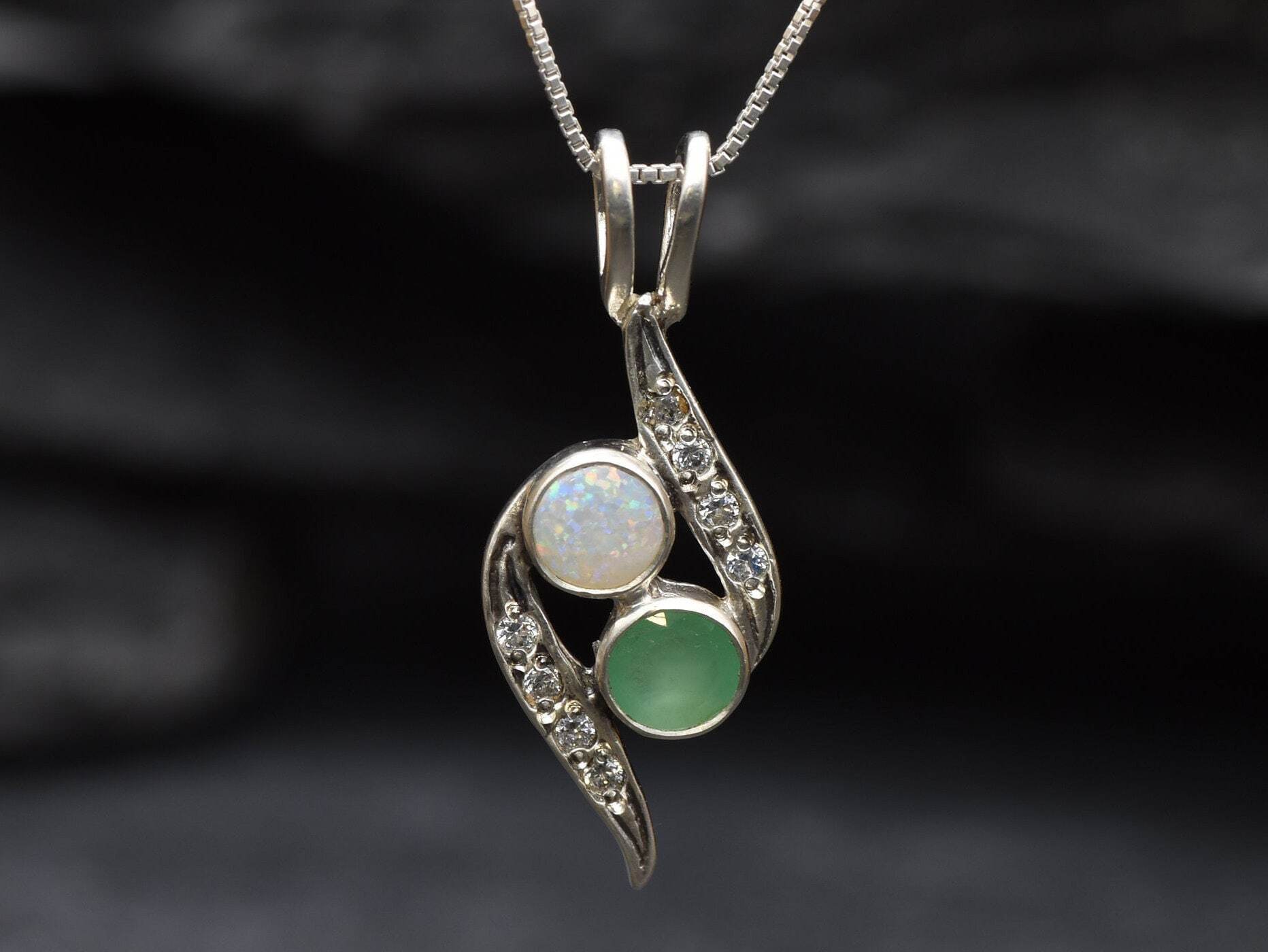 Opal Emerald Pendant, Natural Emerald, Natural Opal, Vintage Necklace, Two Stone Pendant, Bypass Pendant, Yin Yang Pendant, Sterling Silver