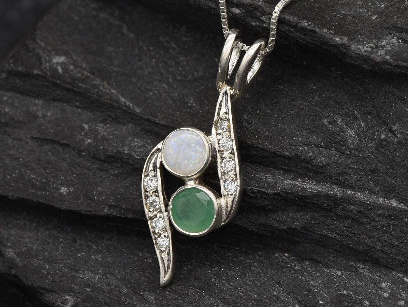 Opal Emerald Pendant, Natural Emerald, Natural Opal, Vintage Necklace, Two Stone Pendant, Bypass Pendant, Yin Yang Pendant, Sterling Silver