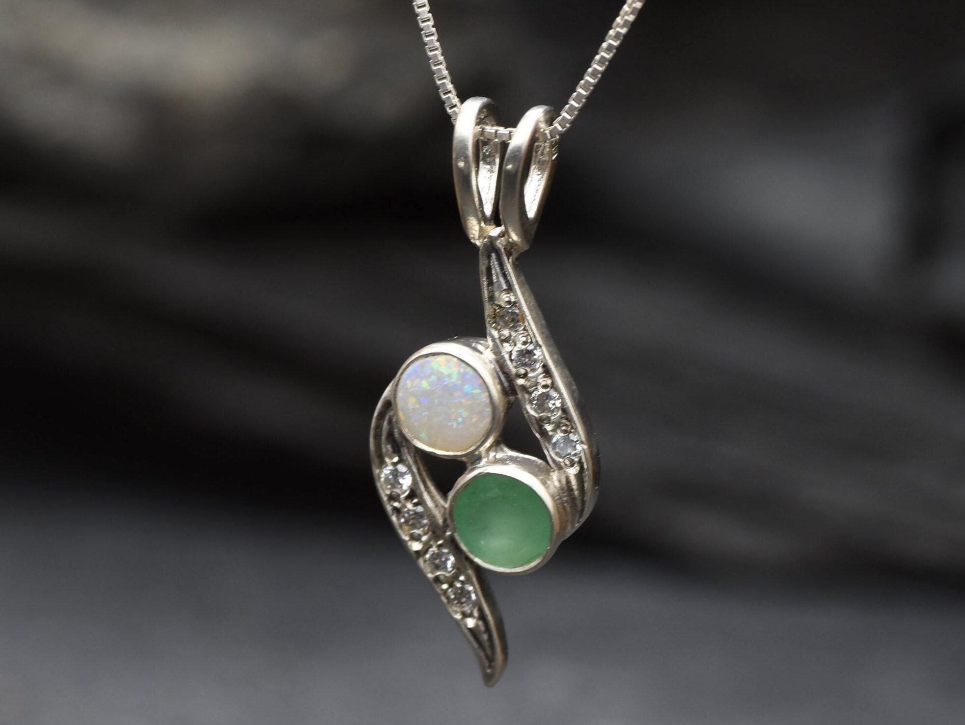 Opal Emerald Pendant, Natural Emerald, Natural Opal, Vintage Necklace, Two Stone Pendant, Bypass Pendant, Yin Yang Pendant, Sterling Silver