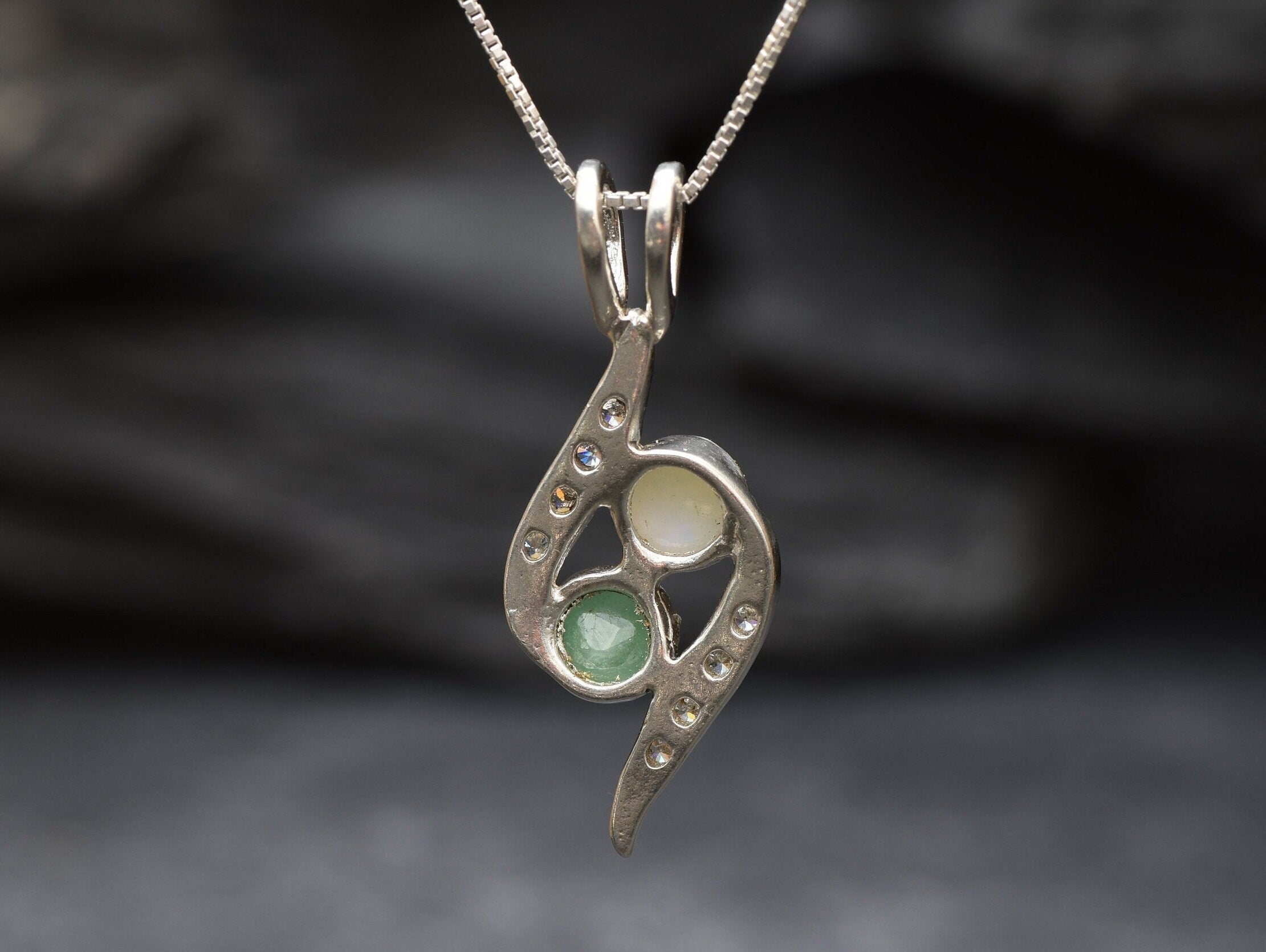 Opal Emerald Pendant, Natural Emerald, Natural Opal, Vintage Necklace, Two Stone Pendant, Bypass Pendant, Yin Yang Pendant, Sterling Silver