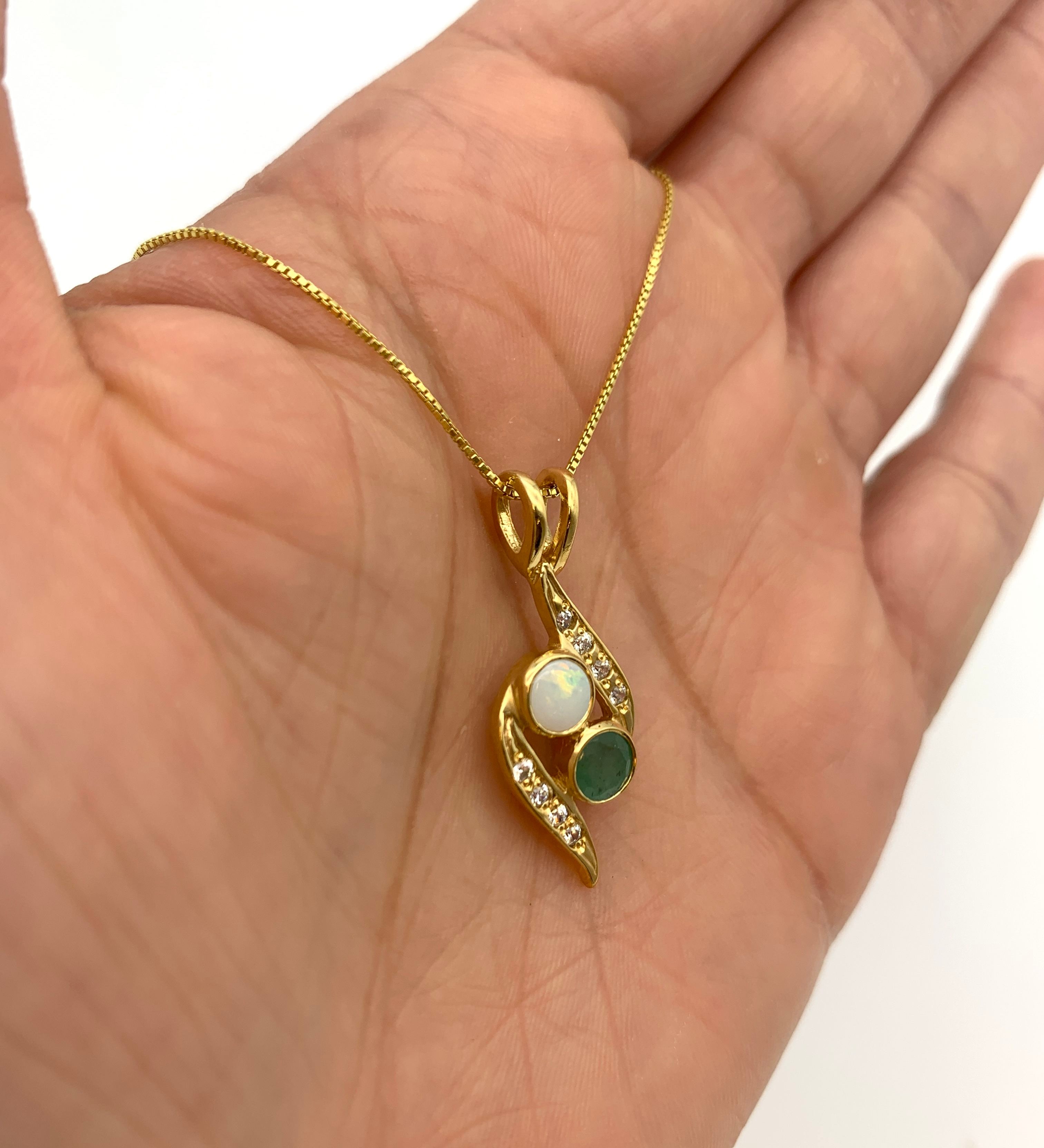 Opal Emerald Pendant, Natural Emerald, Natural Opal, Vintage Necklace, Two Stone Pendant, Bypass Pendant, Yin Yang Pendant, Sterling Silver(1)